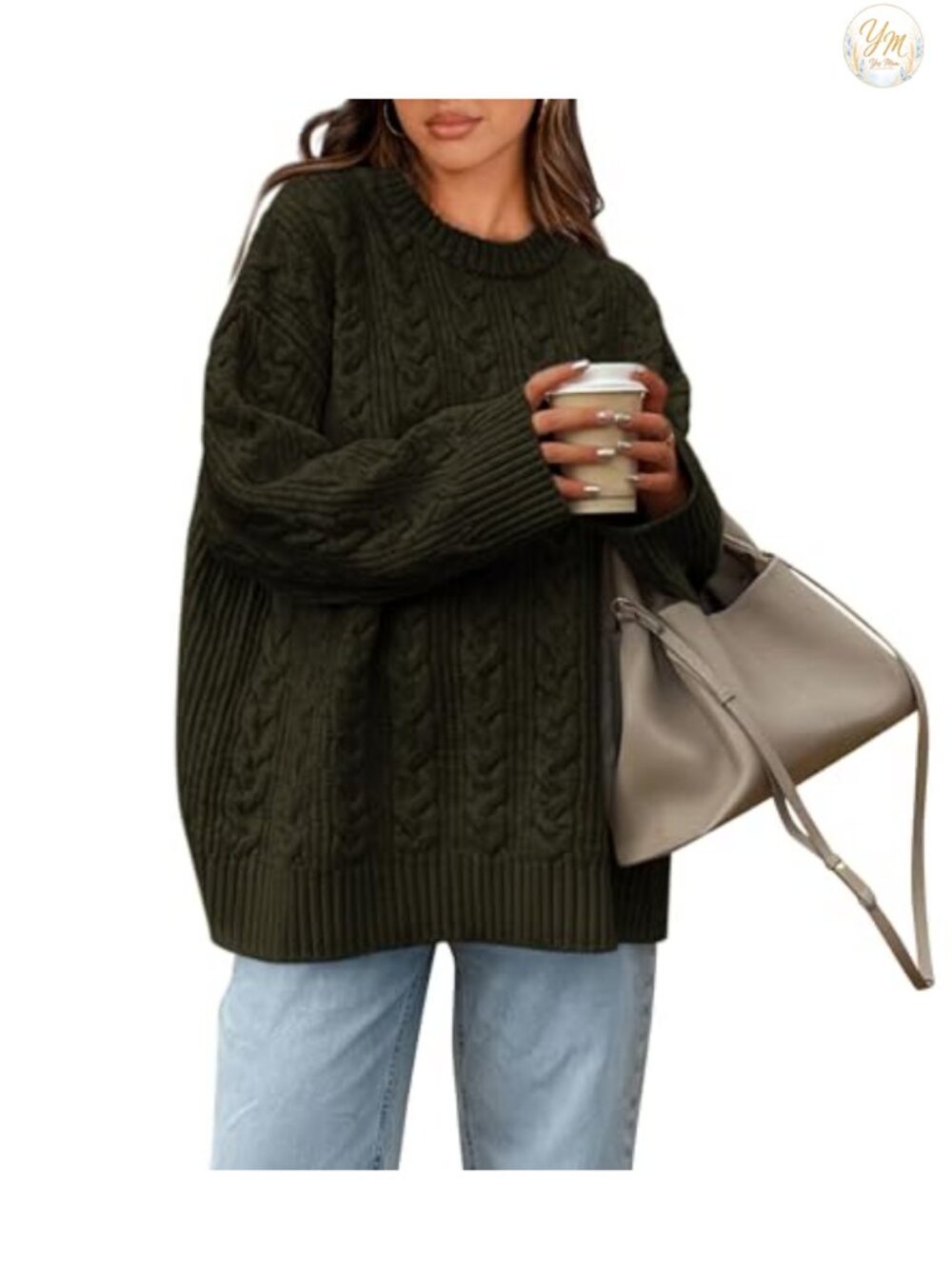 Oversized Cable Knit Sweater Crewneck Long Sleeve Pullover